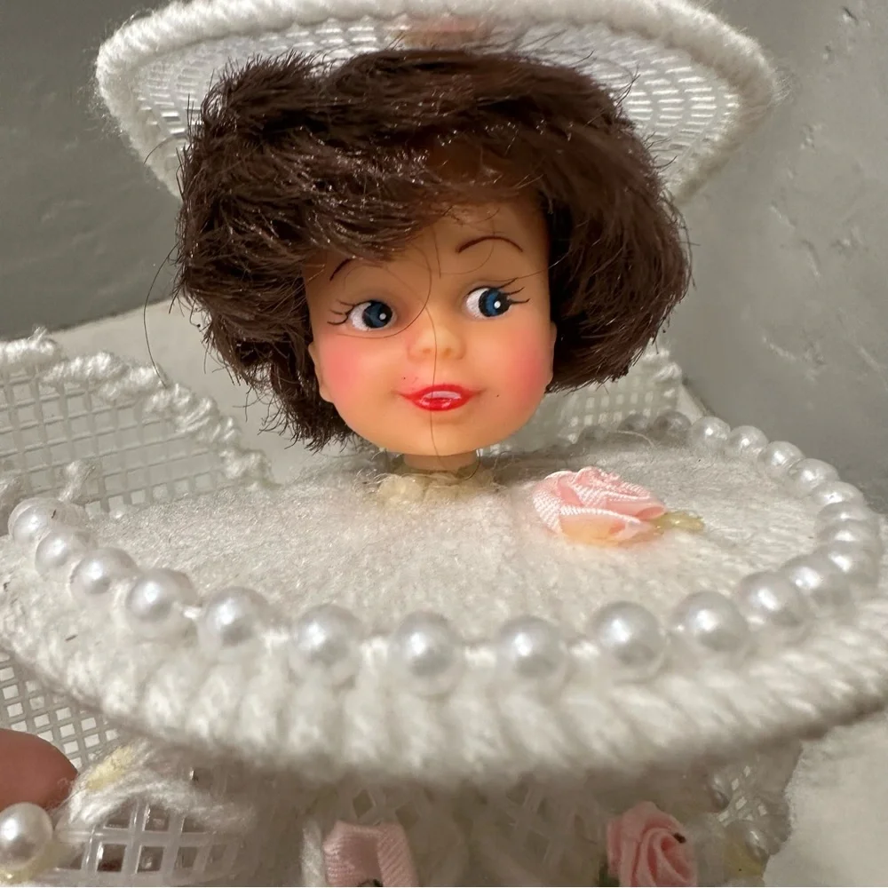 Vintage Handmade Canvas Yarn Angel Christmas Tree Pearl Pink Roses 1970s